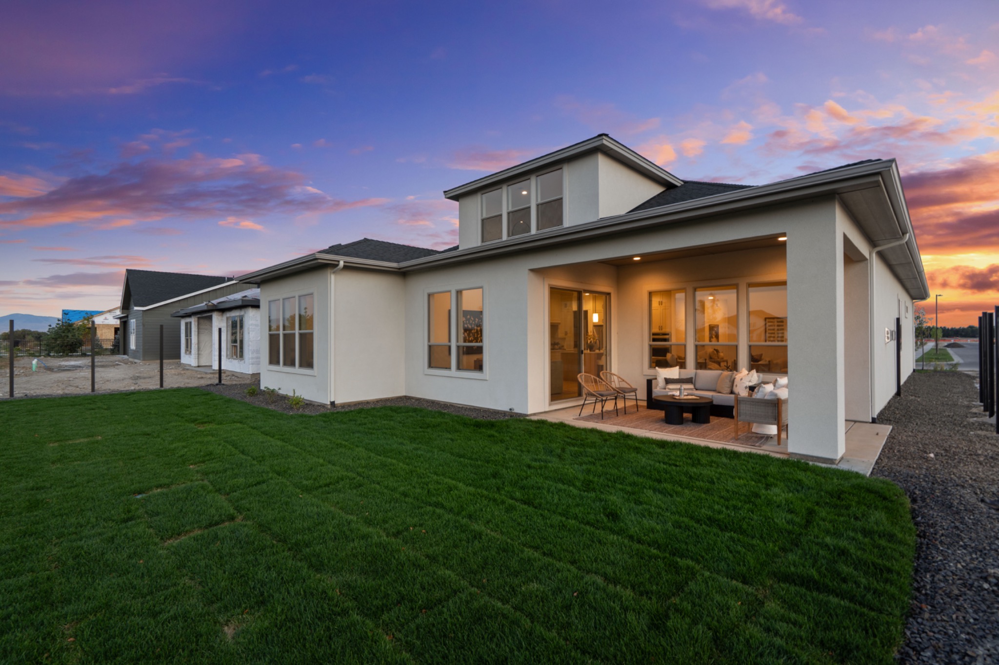 Covered patio and sunset at a Ventana model in Eagle