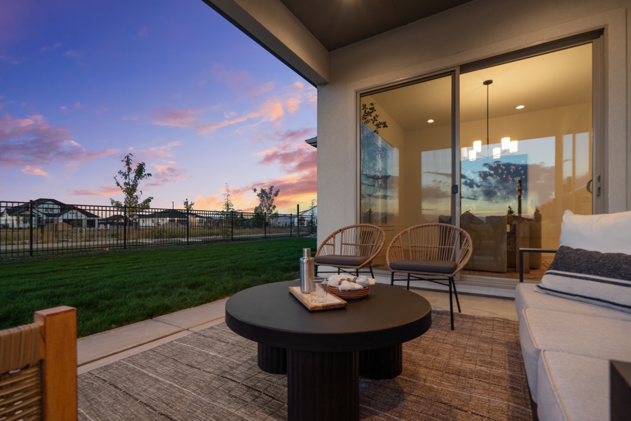 Covered back patio at twilight