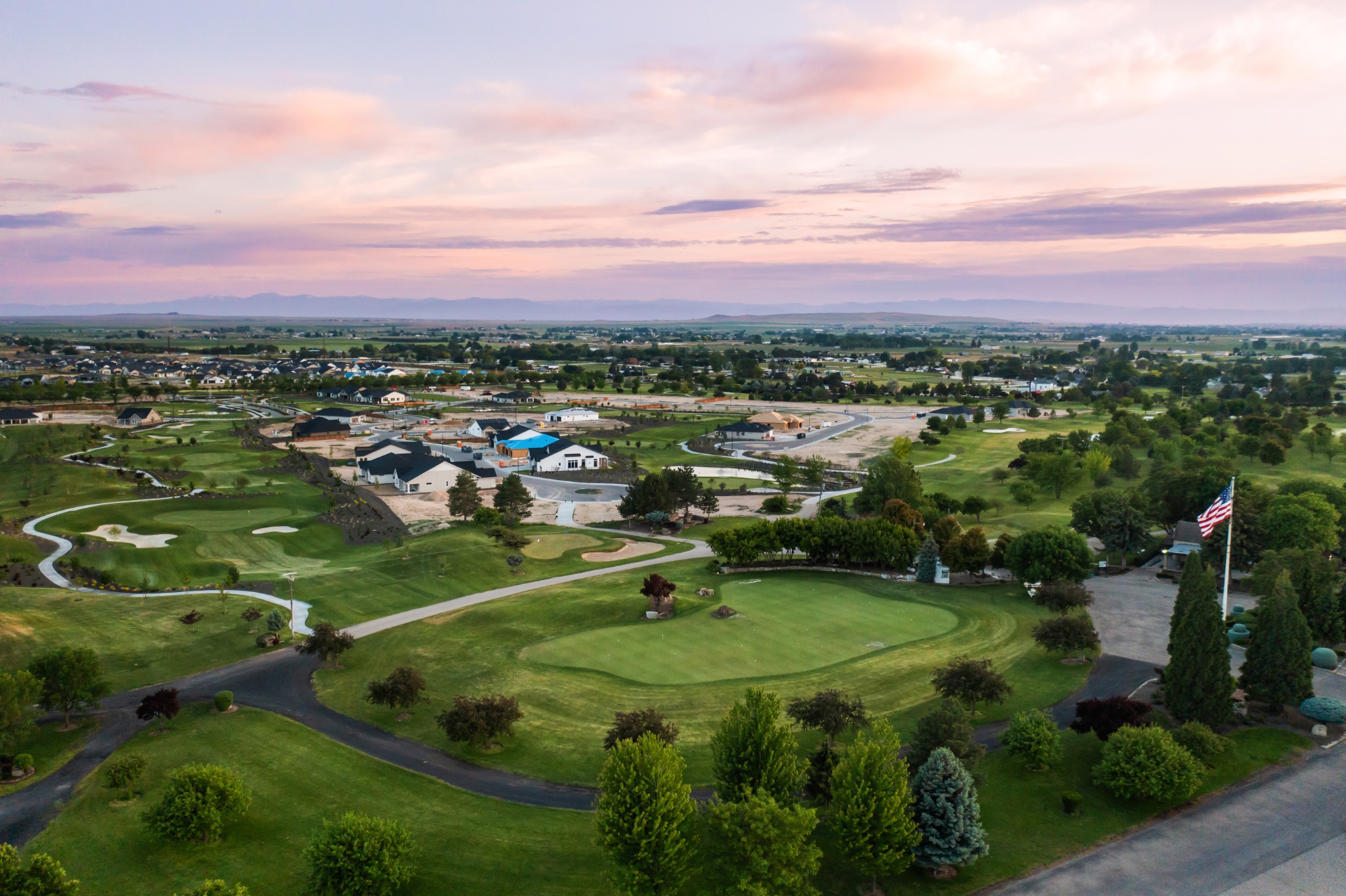 Twilight aerial of the Falcon Crest golf setting at Valor in Kuna