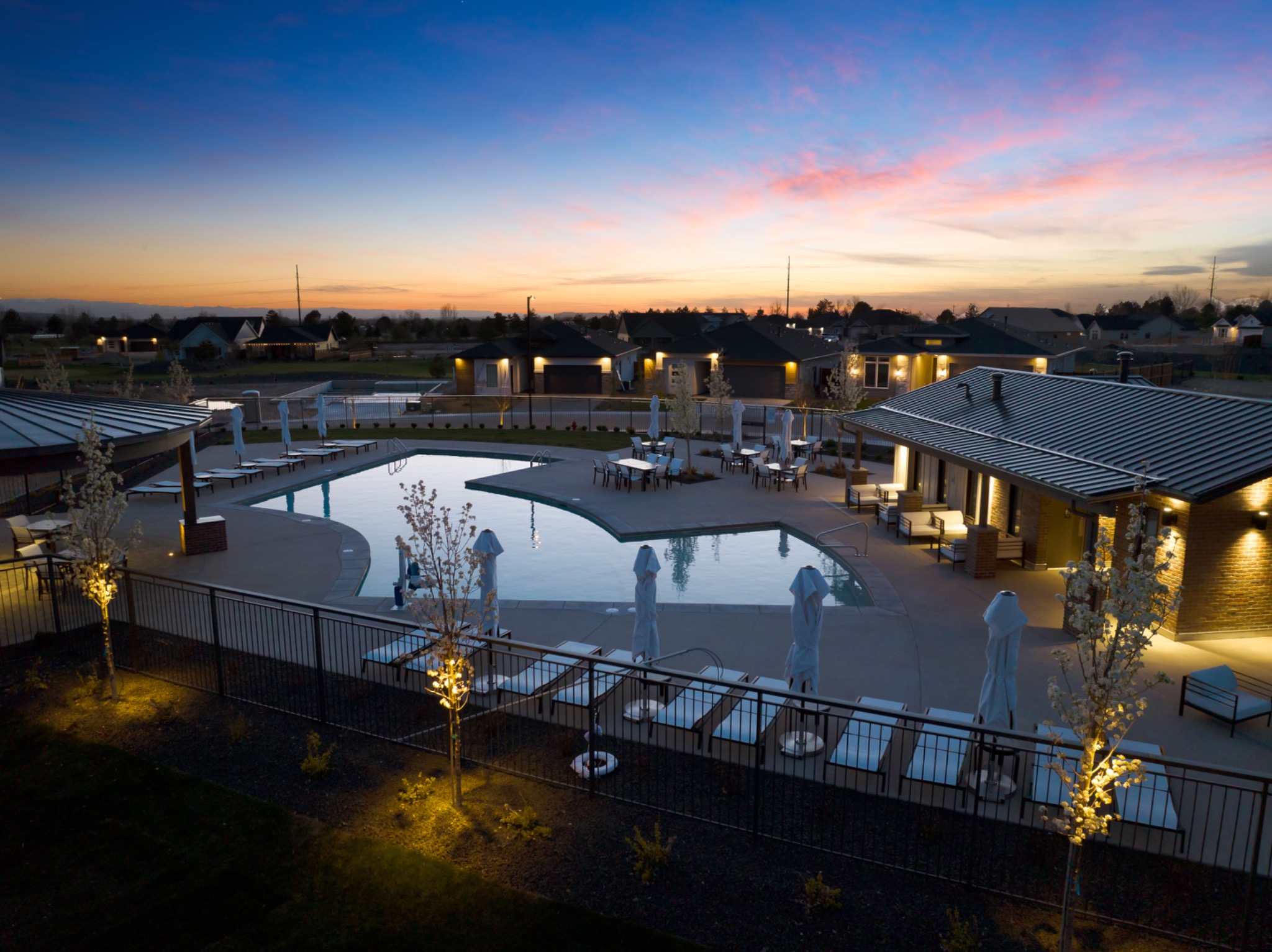 Aerial of the Reveille at Valor pool at twilight